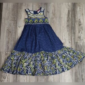 BIBA Girls Navy Floral Tiered Maxi Dress with Green Accents 100% Cotton